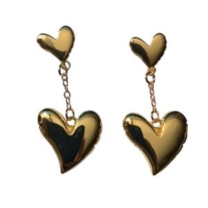 Gold Tone Double Heart Dangle Drop Earrings Fashion Jewelry